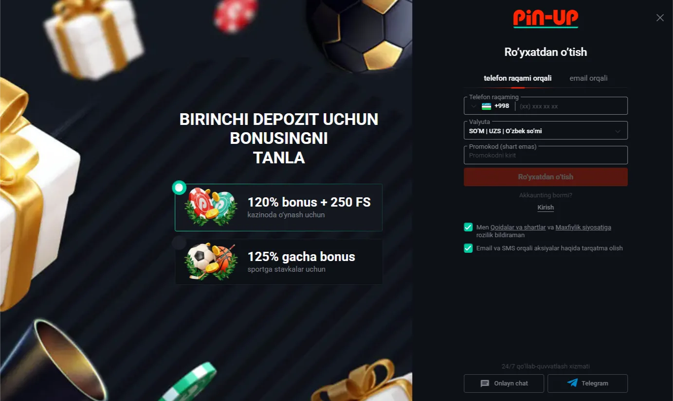 Ro'yxatdan o'tish va kirish jarayoni Pin Up Casino Uzbekistan