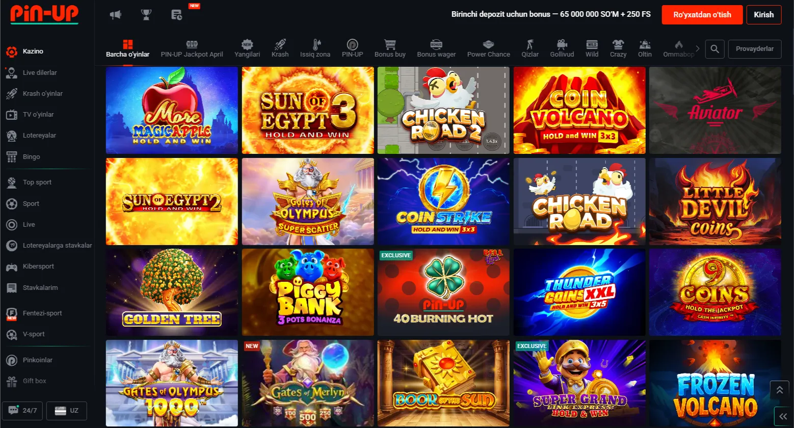 Slot o'yinlarining keng assortimenti Pin Up Casino