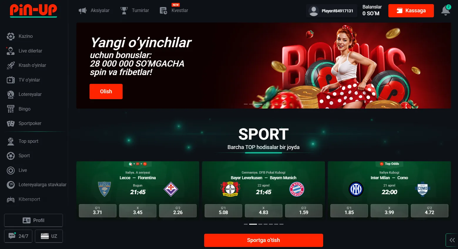 Qiziqarli aksiyalar va foydali bonuslar Pin Up
